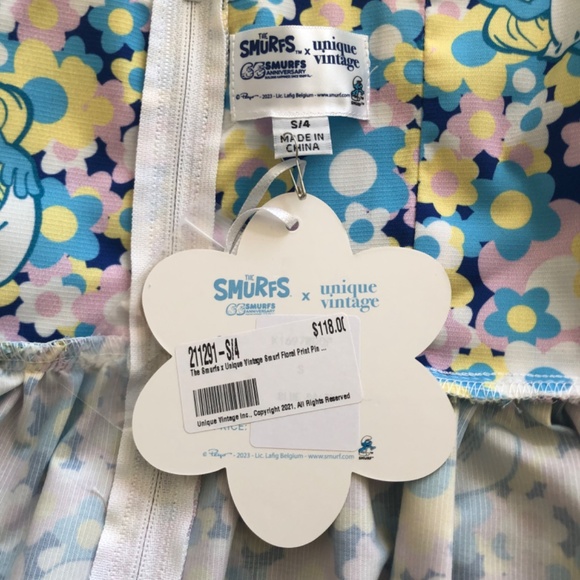 Smurfs X Unique Vintage Smurf Floral Print Pinafore Swing Dress, NWT - Picture 10 of 13